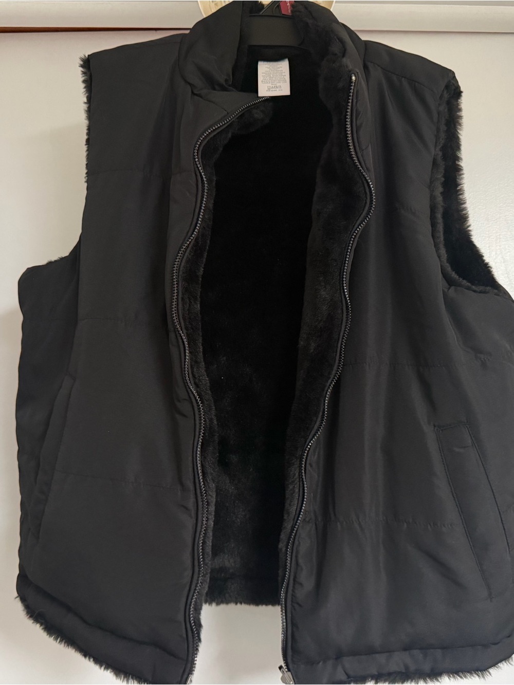Time and Tru Black Faux-Fur Quilted Vest